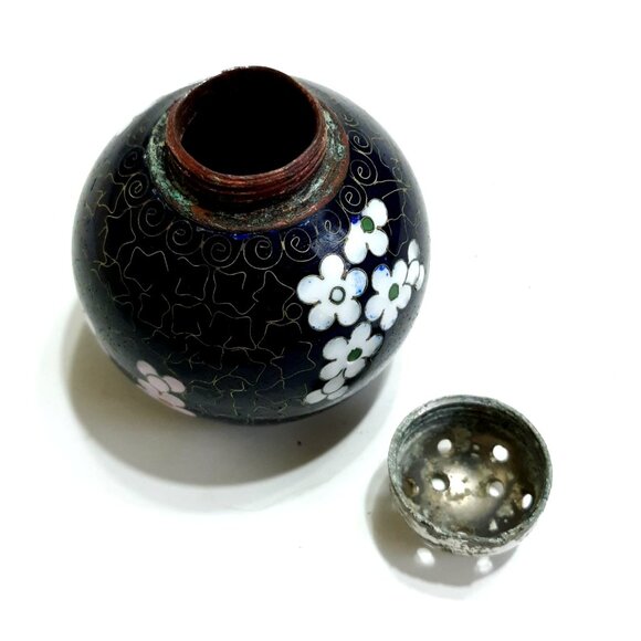 Chinese Cloisonne Salt  Vintage Enamel Brass Floral Black Blossoms  Pink - Picture 7 of 7
